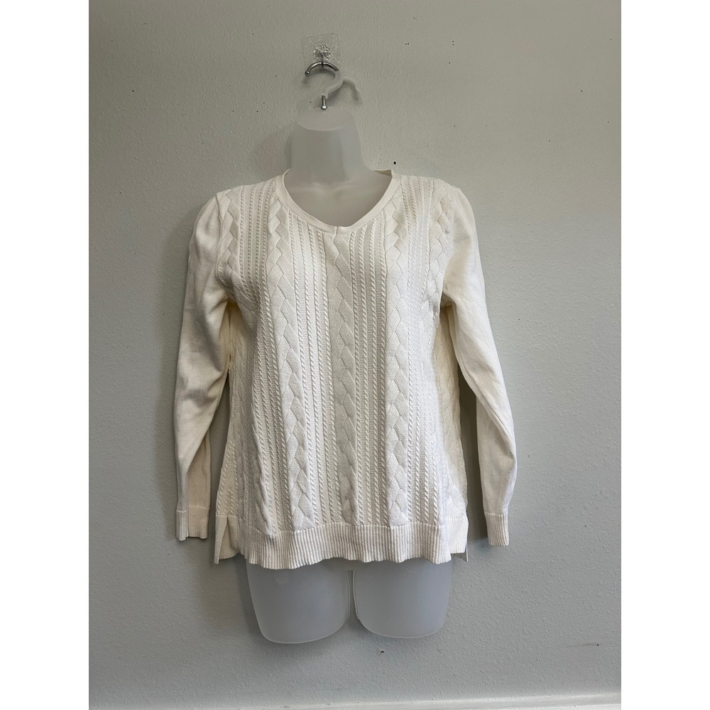 Talbots Petites White Cable Knit V-Neck Cotton Sweater Womens Size MP Pullover